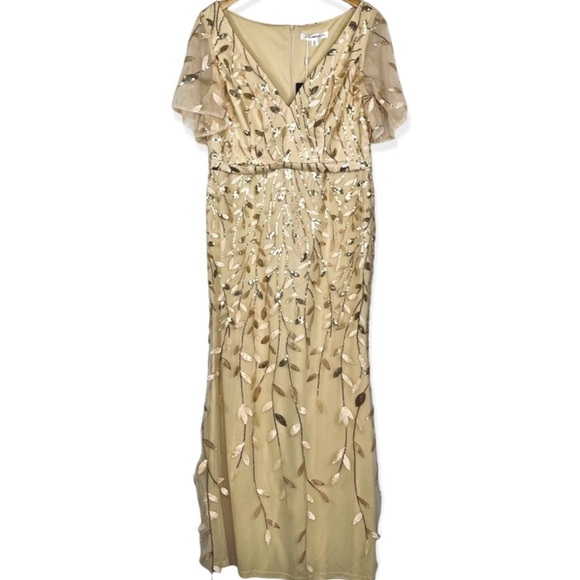 Ever Pretty Gold Shimmery Leaf Embroidered VNeck RuffleSleeves Maxi Dress NWT 2X - Picture 4 of 16